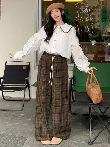 FRIFUL Women's Plaid Printed Wide Leg Pants