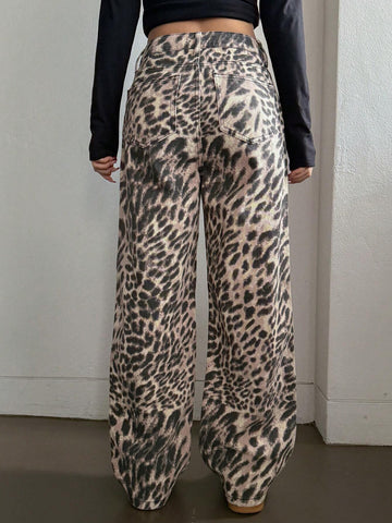 Women's Leopard Print Wide Leg Loose Casual Jeans With Pockets