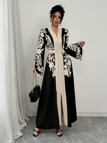 Clasi 1pc Women's Solid Color Splice Long Sleeve Printed Minimalist Long Casual Dress