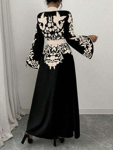 Clasi 1pc Women's Solid Color Splice Long Sleeve Printed Minimalist Long Casual Dress