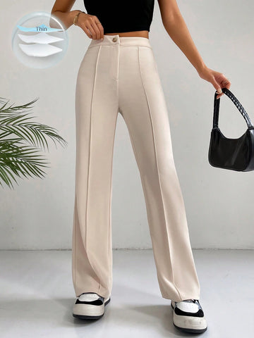 EZwear Classical Apricot High Waist Seam Detail Straight Leg Pants