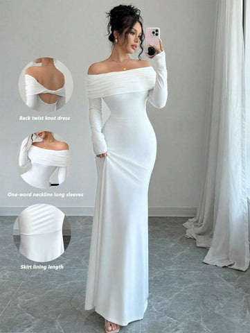 Elegant Fitted Long Sleeve Cinched Waist Double Layer Off-Shoulder Backless Twist Fishtail Hem Ribbed Knit Dress