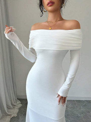 Elegant Fitted Long Sleeve Cinched Waist Double Layer Off-Shoulder Backless Twist Fishtail Hem Ribbed Knit Dress