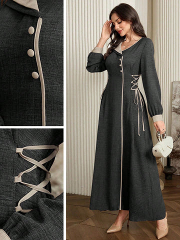 Modely Women's Color Block Lapel Long Sleeve Side Tie Waist Elegant Arabian Modest Dress