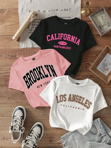 3pcs California Letter Graphic Round Neck Short Sleeve Cropped T-Shirt