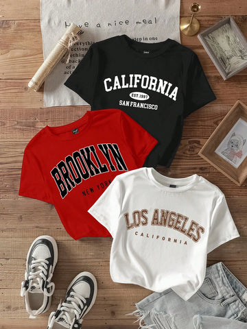 3pcs California Letter Graphic Round Neck Short Sleeve Cropped T-Shirt