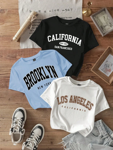 3pcs California Letter Graphic Round Neck Short Sleeve Cropped T-Shirt