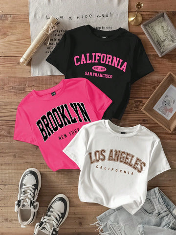 3pcs California Letter Graphic Round Neck Short Sleeve Cropped T-Shirt