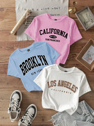 3pcs California Letter Graphic Round Neck Short Sleeve Cropped T-Shirt