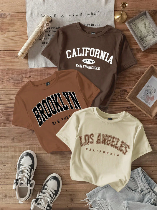 3pcs California Letter Graphic Round Neck Short Sleeve Cropped T-Shirt