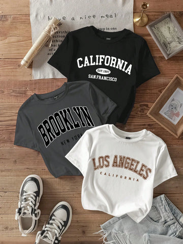 3pcs California Letter Graphic Round Neck Short Sleeve Cropped T-Shirt