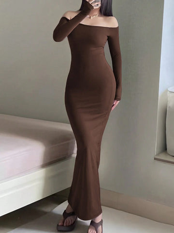 Women's Solid Color Off Shoulder Long Sleeve Slim Fit Long Dress