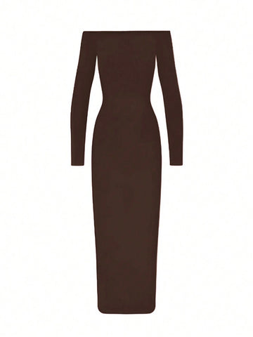 Women's Solid Color Off Shoulder Long Sleeve Slim Fit Long Dress