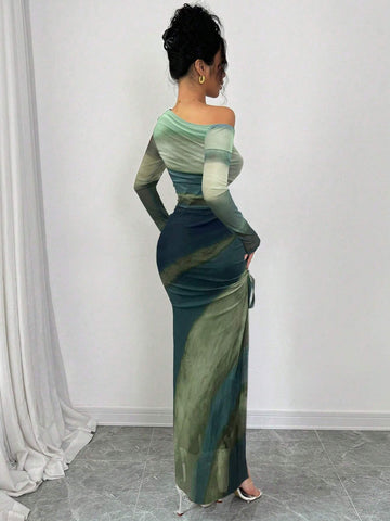 Elegant Tie Dye Gradient Ruched Mesh Leopard Print Asymmetrical Neck High Slit Dress