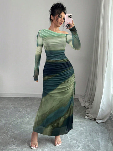 Elegant Tie Dye Gradient Ruched Mesh Leopard Print Asymmetrical Neck High Slit Dress