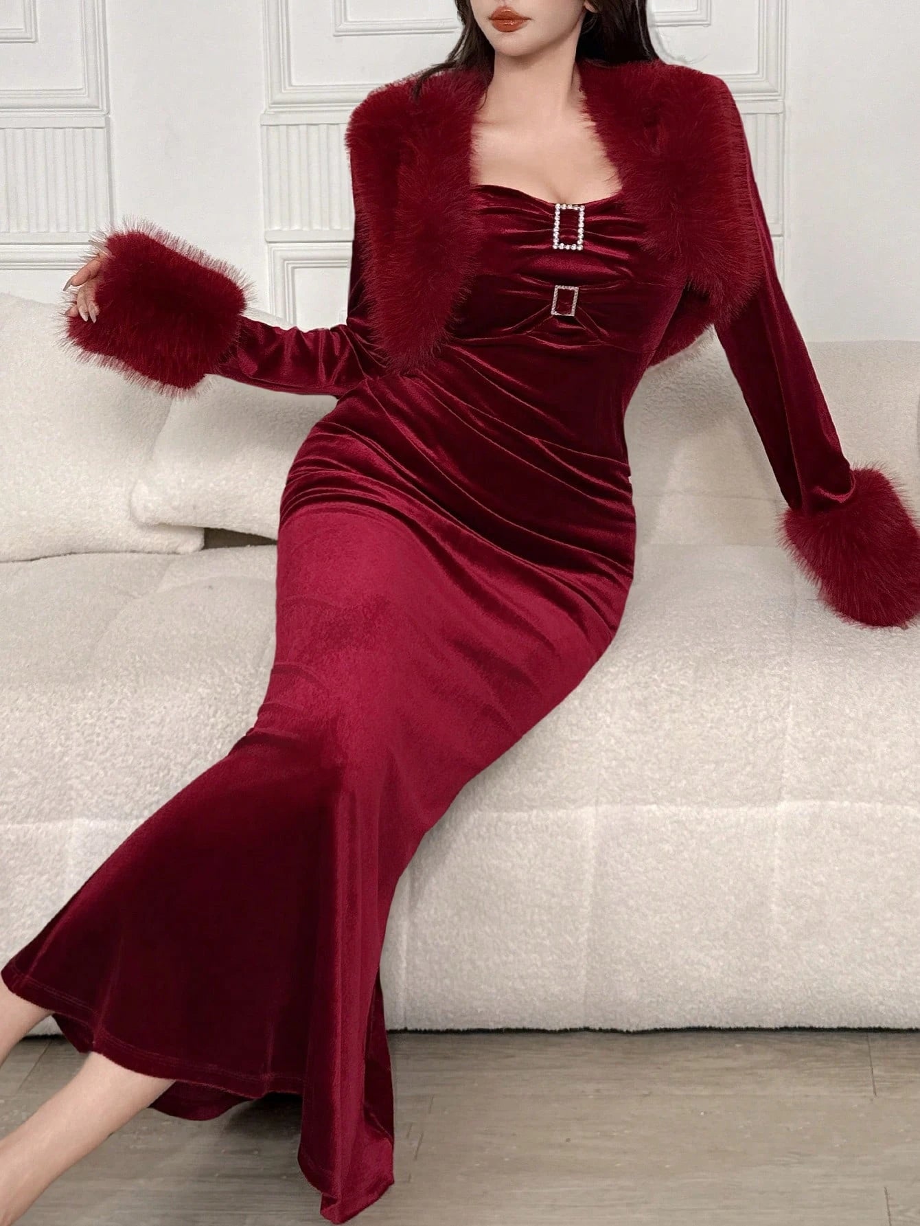 Modely Women Solid Color Fuzzy Jacket And Jewel Embellished Pleated Mermaid Hem Dress 2Pcs Set