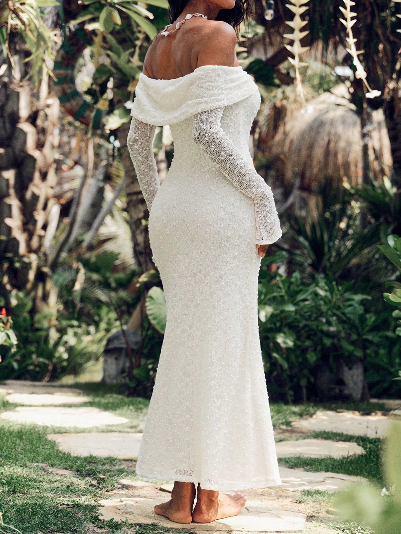 Elegant1pc Women's Solid Color Lace Off Shoulder Long Sleeve Dress