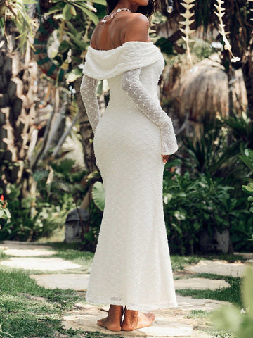 Elegant1pc Women's Solid Color Lace Off Shoulder Long Sleeve Dress