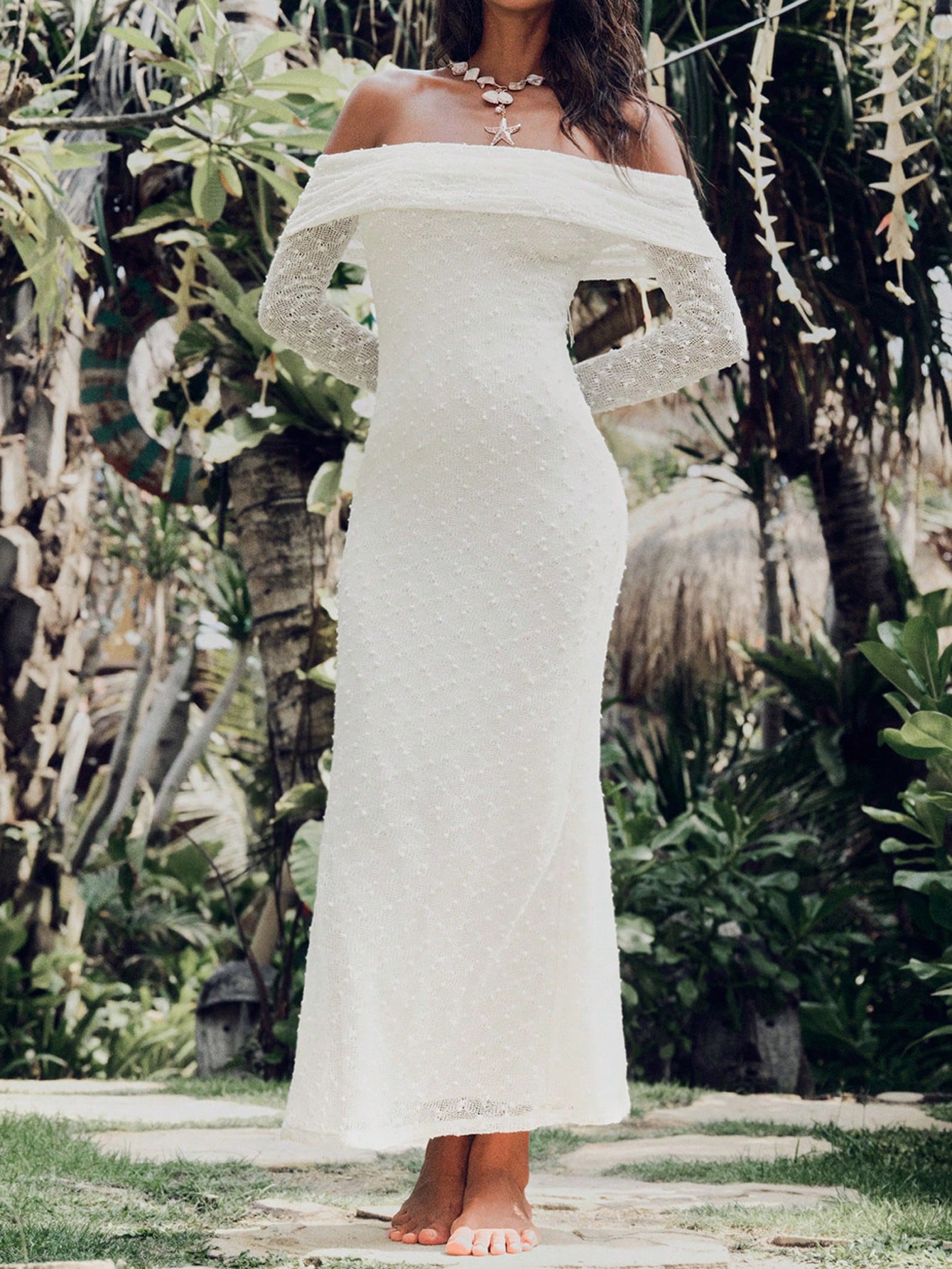 Elegant1pc Women's Solid Color Lace Off Shoulder Long Sleeve Dress