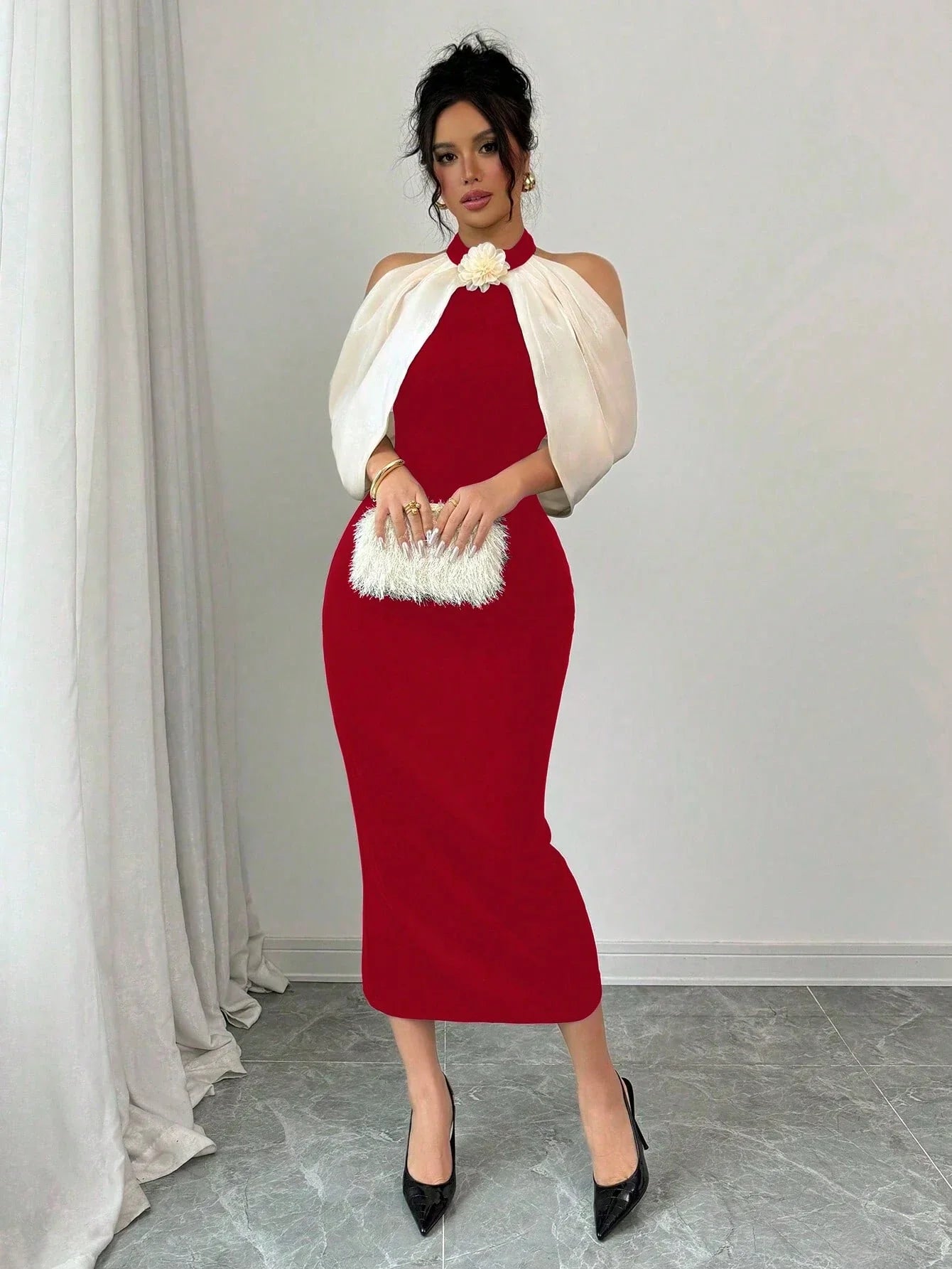 Elenzya Color Block 3D Floral Decor Off Shoulder Casual Dress Maxi Women Outfit