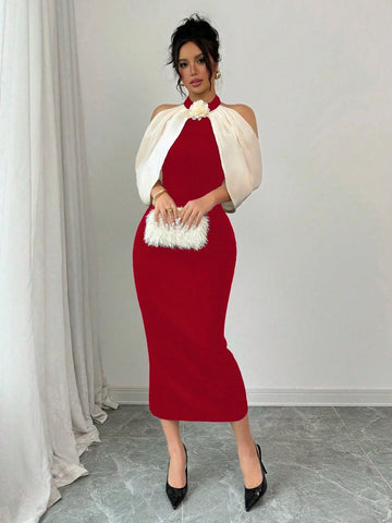 Elenzya Color Block 3D Floral Decor Off Shoulder Casual Dress Maxi Women Outfit