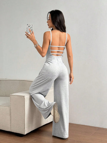 Flirla Solid Color Open Back Camisole Romper