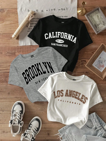 3pcs California Letter Graphic Round Neck Short Sleeve Cropped T-Shirt