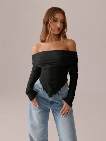 SXY Asymmetrical Pleated Pure Long-Sleeved T-Shirt