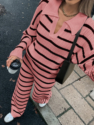 Relaxiva Women's Loose Striped V-Neck Drop Shoulder Long Sleeve Sweater & Elastic Waist Striped Sweatpants