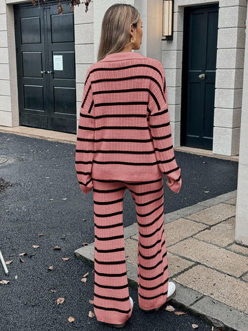 Relaxiva Women's Loose Striped V-Neck Drop Shoulder Long Sleeve Sweater & Elastic Waist Striped Sweatpants