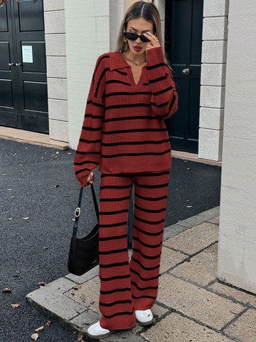 Relaxiva Women's Loose Striped V-Neck Drop Shoulder Long Sleeve Sweater & Elastic Waist Striped Sweatpants