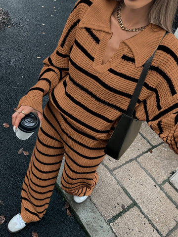 Relaxiva Women's Loose Striped V-Neck Drop Shoulder Long Sleeve Sweater & Elastic Waist Striped Sweatpants