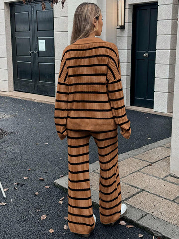 Relaxiva Women's Loose Striped V-Neck Drop Shoulder Long Sleeve Sweater & Elastic Waist Striped Sweatpants