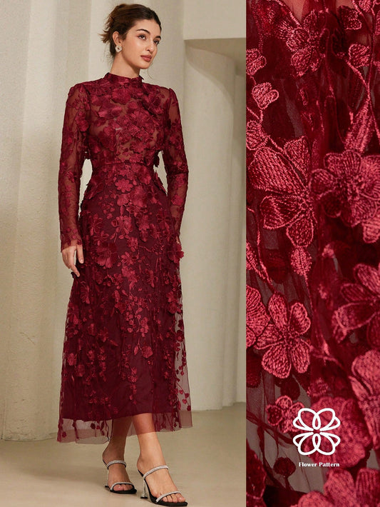 Aveloria Rosie Elegant Romantic 3D Floral Embroidery Dress With Stand Collar And Cinched Waist