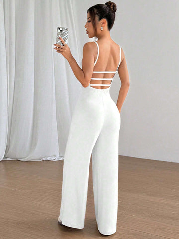 Flirla Solid Color Open Back Camisole Romper