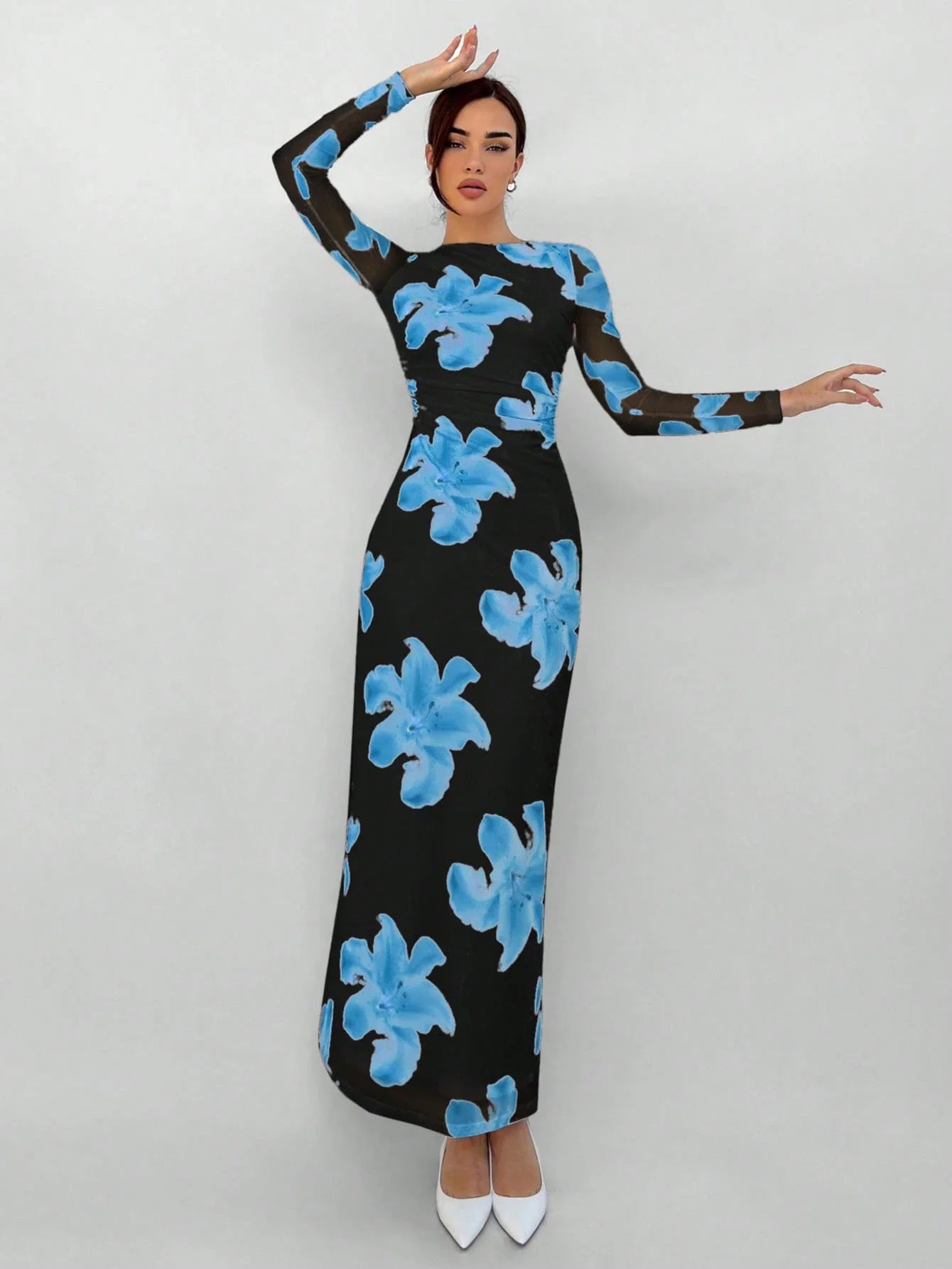 Aloruh Romantic Date Night Floral Print Pleated Long Sleeve Dress