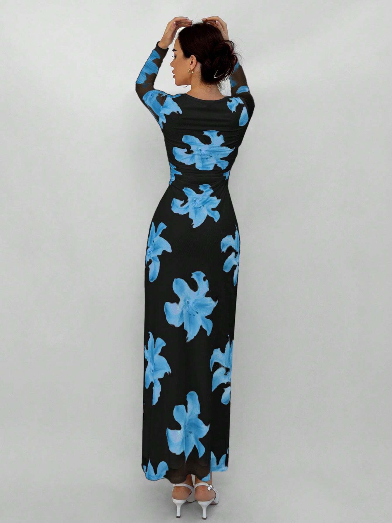 Aloruh Romantic Date Night Floral Print Pleated Long Sleeve Dress