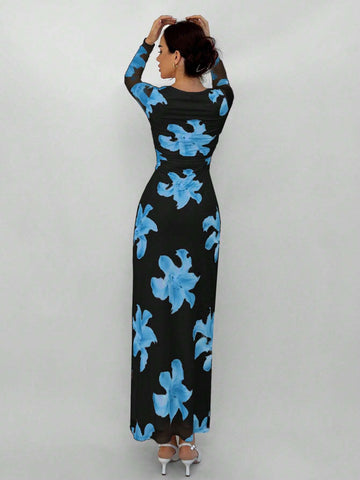 Aloruh Romantic Date Night Floral Print Pleated Long Sleeve Dress