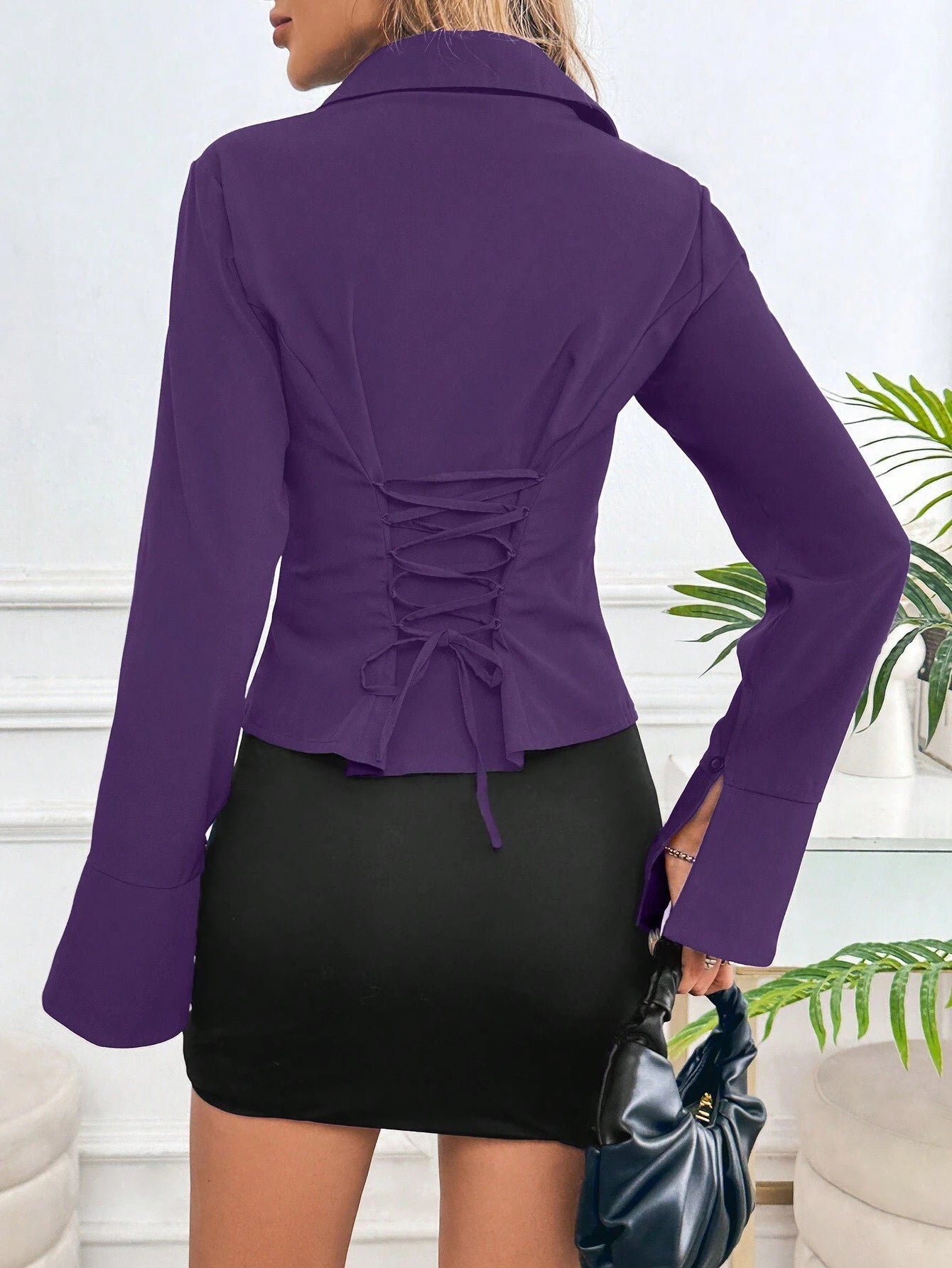 Women's Elegant Solid Color Tie-Waist Split-Hem Flare Sleeve Fitted Blouse