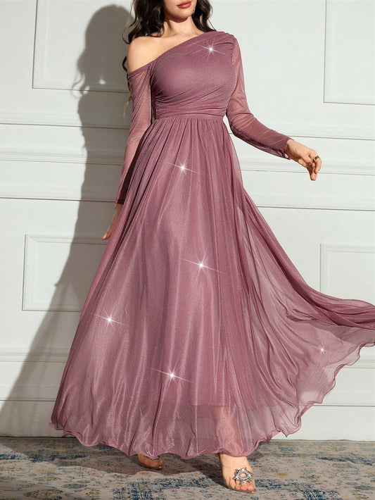 Women's Solid Color Asymmetrical Neck Long Sleeve Sparkly Glamorous Elegant Dress