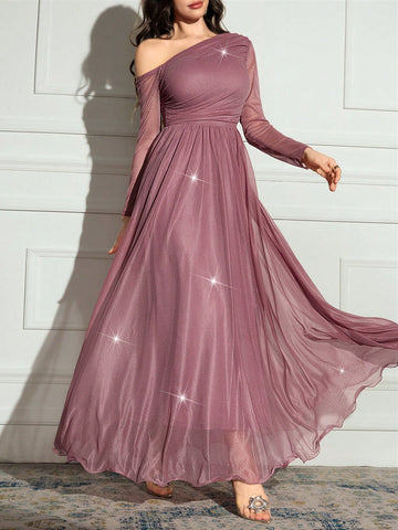 Women's Solid Color Asymmetrical Neck Long Sleeve Sparkly Glamorous Elegant Dress