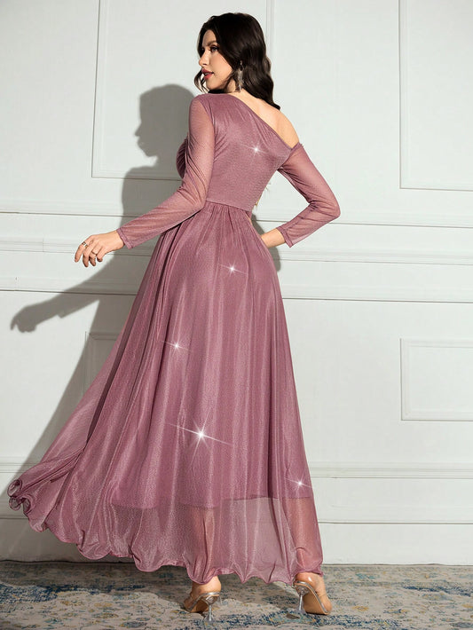 Women's Solid Color Asymmetrical Neck Long Sleeve Sparkly Glamorous Elegant Dress