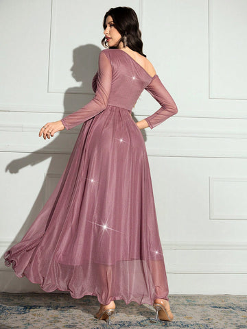 Women's Solid Color Asymmetrical Neck Long Sleeve Sparkly Glamorous Elegant Dress