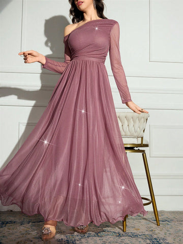 Women's Solid Color Asymmetrical Neck Long Sleeve Sparkly Glamorous Elegant Dress