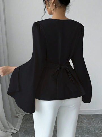 Elenzga Women's Solid Color Lapel Split Long Sleeve Elegant Blouse