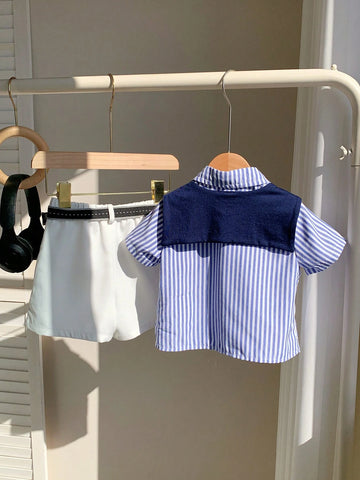 Baby Boy Summer Cute Striped Short Sleeve Shirt, Elastic Waist Shorts, Cape, Bowknot