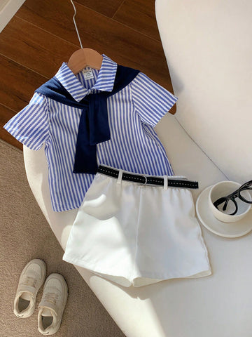 Baby Boy Summer Cute Striped Short Sleeve Shirt, Elastic Waist Shorts, Cape, Bowknot
