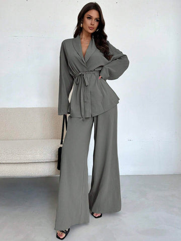 Women Collar Tie Waist Loose Shacket With High Waist Soft Pants