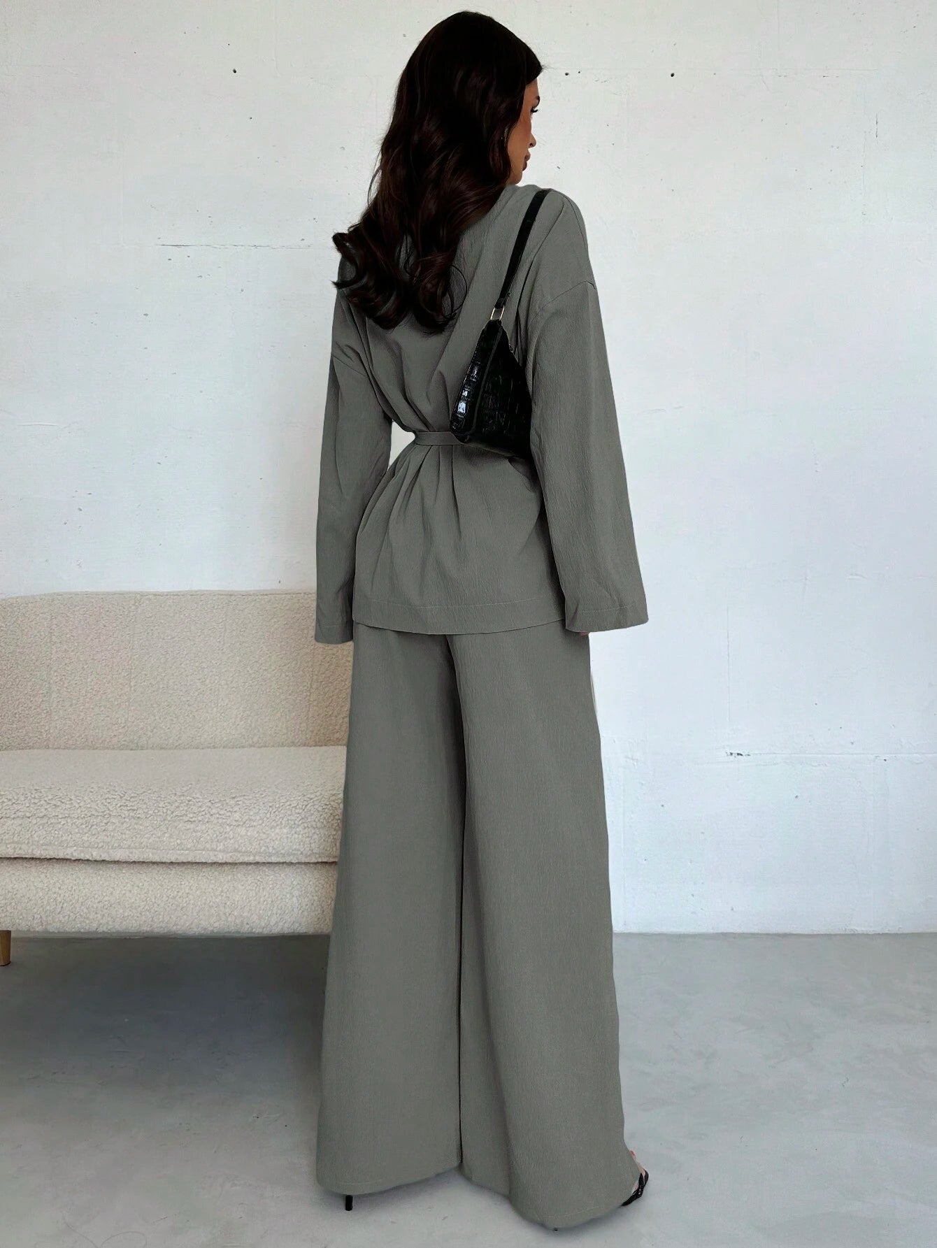 Women Collar Tie Waist Loose Shacket With High Waist Soft Pants