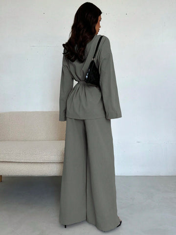 Women Collar Tie Waist Loose Shacket With High Waist Soft Pants